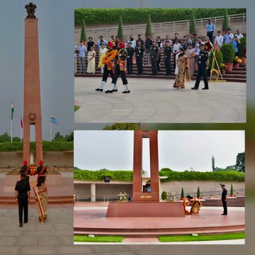 Mrs Radha Sharma W/o Late Lt Col Rishubh Sharma paid homage to the Bravehearts at NWM on 03 Jul 23