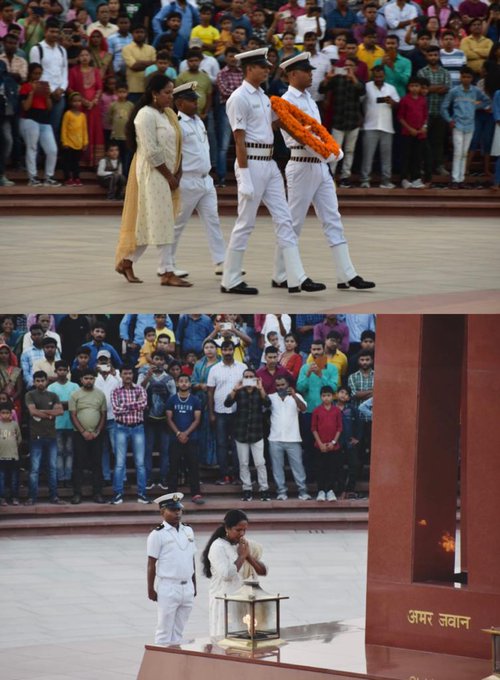 In solemn NOK ceremony Mrs Shejina M, w/o Nb Sub Sreejith M, SC,SM, paid homage at NWM on 08 Oct 23