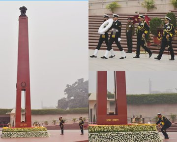 Vice Admiral Dinesh K Tripathi, AVSM, NM, paid homage to Bravehearts at NWM on 04 Jan 24
