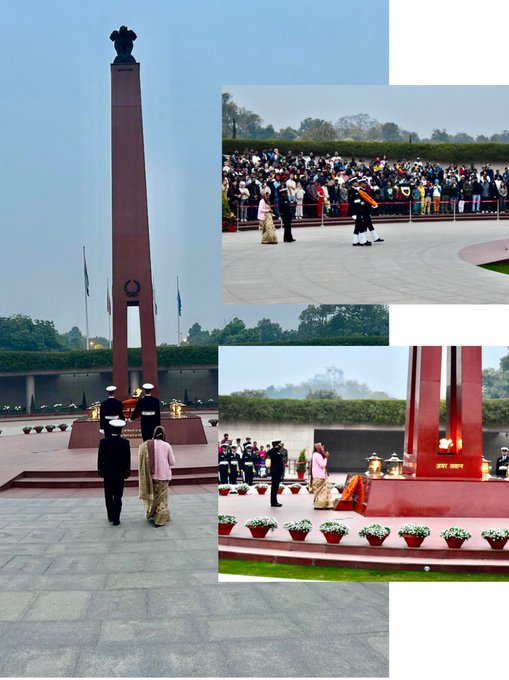 In a solemn NOK ceremony Mrs Kusum w/o Nk Virendra Singh 25 RAJPUT paid homage at NWM on 12 Feb 24