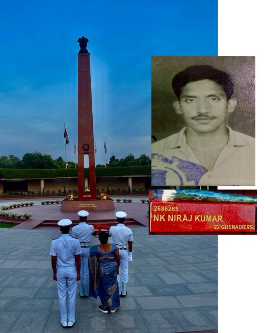 In NOK ceremony Mrs Ruby Kumari w/o Nk Neeraj Kumar, 22 GRENADIERS, paid homage at NWM on 09 Mar 24