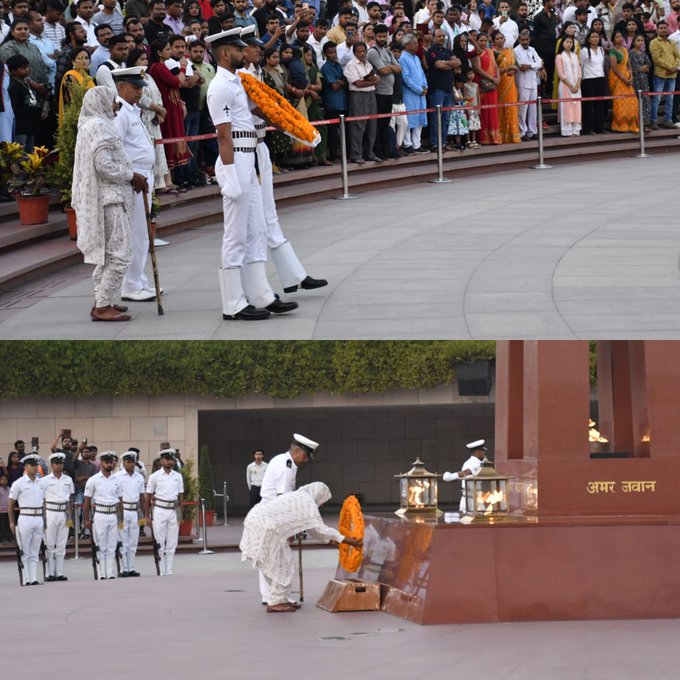 In NOK ceremony Mrs Tej Kaur m/o Nk Rajwinder Singh 13 SIKH LI, paid homage at NWM on 15 Apr 24