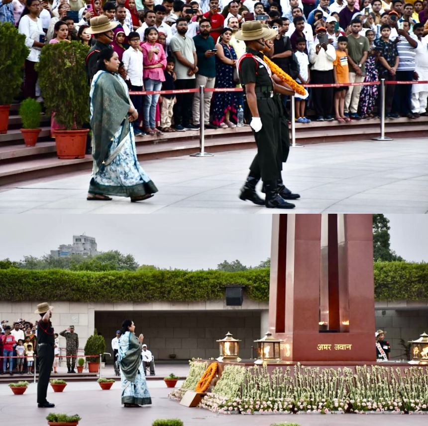 During NOK ceremony Mrs Suvarna w/o Nk Nk S S Chandrabhan, SC, paid homage at NWM on 10 Jun 24