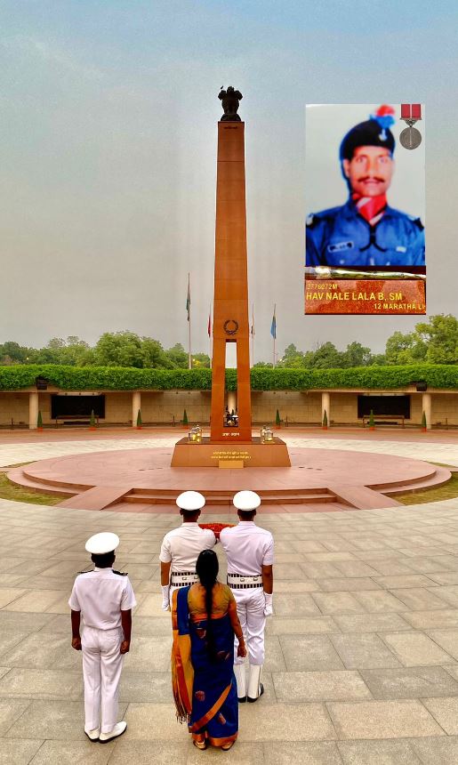 In NOK ceremony Mrs Sunanda w/o Hav N L Bhimrao, SM(P) 12 MARATHA LI paid homage at NWM on 11 Jul 24