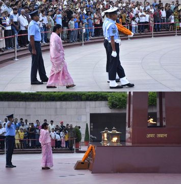 In NOK ceremony Mrs Mangala w/o L Nk Lodhe Machhindra paid homage at NMW on 10 Aug 24