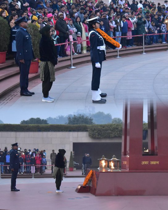 In NOK Ceremony Mrs Jaspreet Kaur W/o Late Cpl Gurusevek Singh, SC, paid homage at NWM on 02 Jan 24