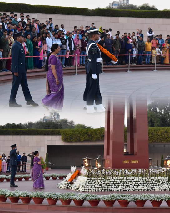 In NOK ceremony Mrs Sunita Rai w/o Nk Munendra Prasad Rai, SM, paid homage at NWM on 15 Feb 25