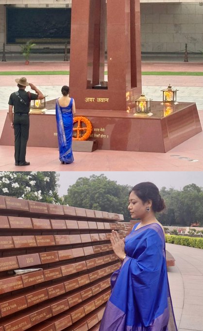 In solemn NOK ceremony Smt Monica Singh w/o Capt Upmanyu Singh, SM, paid homage at NWM on 04 Jul 25