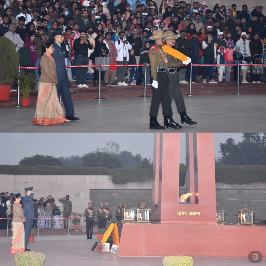 In NOK ceremony Mrs Alka Ahuja W/o Sqn Ldr Late Ajay Ahuja, VC, paid homage at NWM on 02 Jan 26
