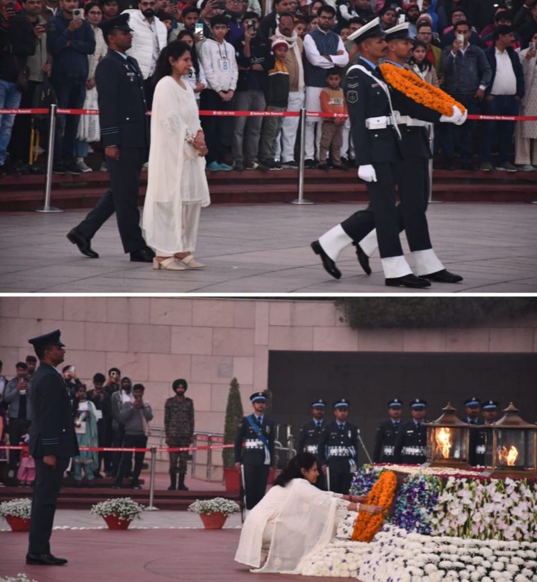 In NOK Mrs Sharmila Pundir W/o Late Sqn Ldr Rajiv Pundir, VM, paid homage at NWM on 02 Feb 26