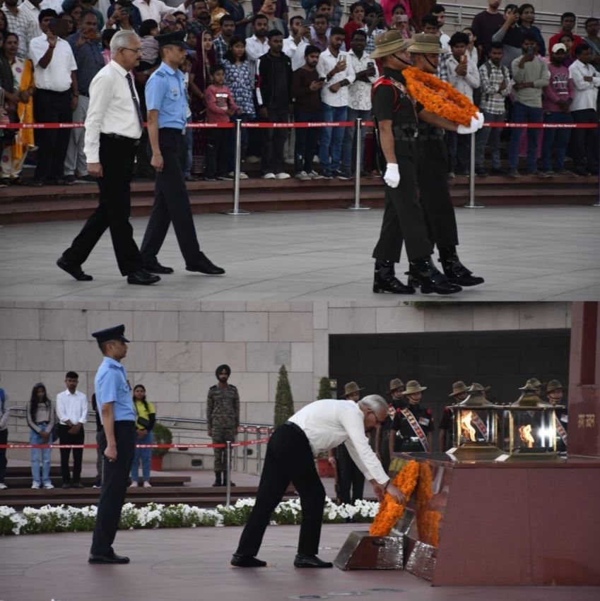 In NOK Gp Capt Sharad Tewari, VM (Retd), f/o Sqn Ldr Shishir Tewari, paid homage at NWM on 02 Mar 26