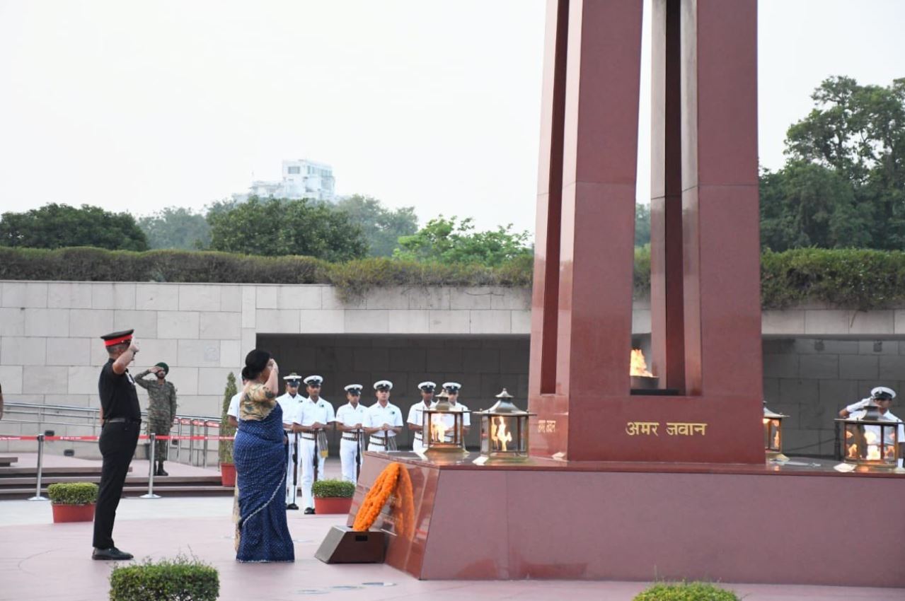 In NOK ceremony Mrs Rajshree Mishra w/o Maj C S Mishra, SC, paid homage at NWM on 13 May 26