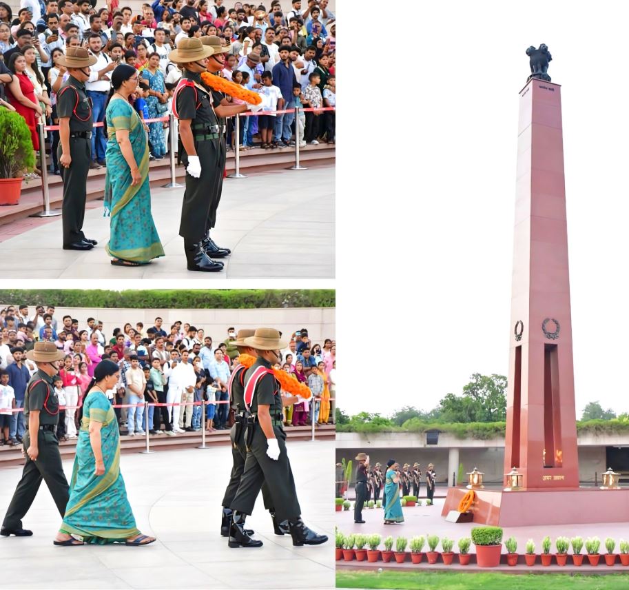 In a solemn NOK ceremony Mrs Sulochana Devi w/o Hav Dhyan Singh, SC, paid homage at NWM on 17 Jun 26